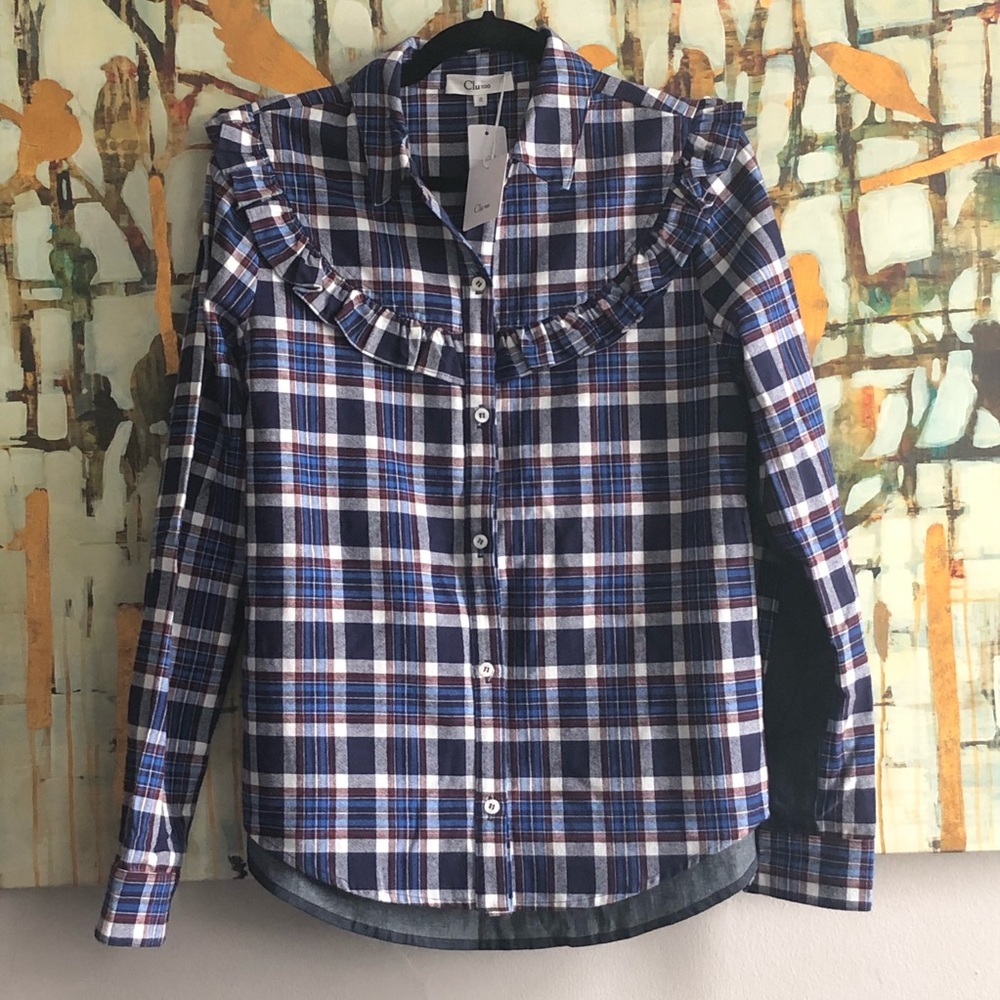 NWT Clu Too Blue Ruffle Plaid Flannel Shirt